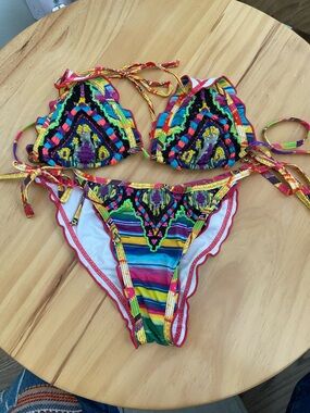 Agua Bendita Multicolor Crochet-Trim Bikini with Red Edge